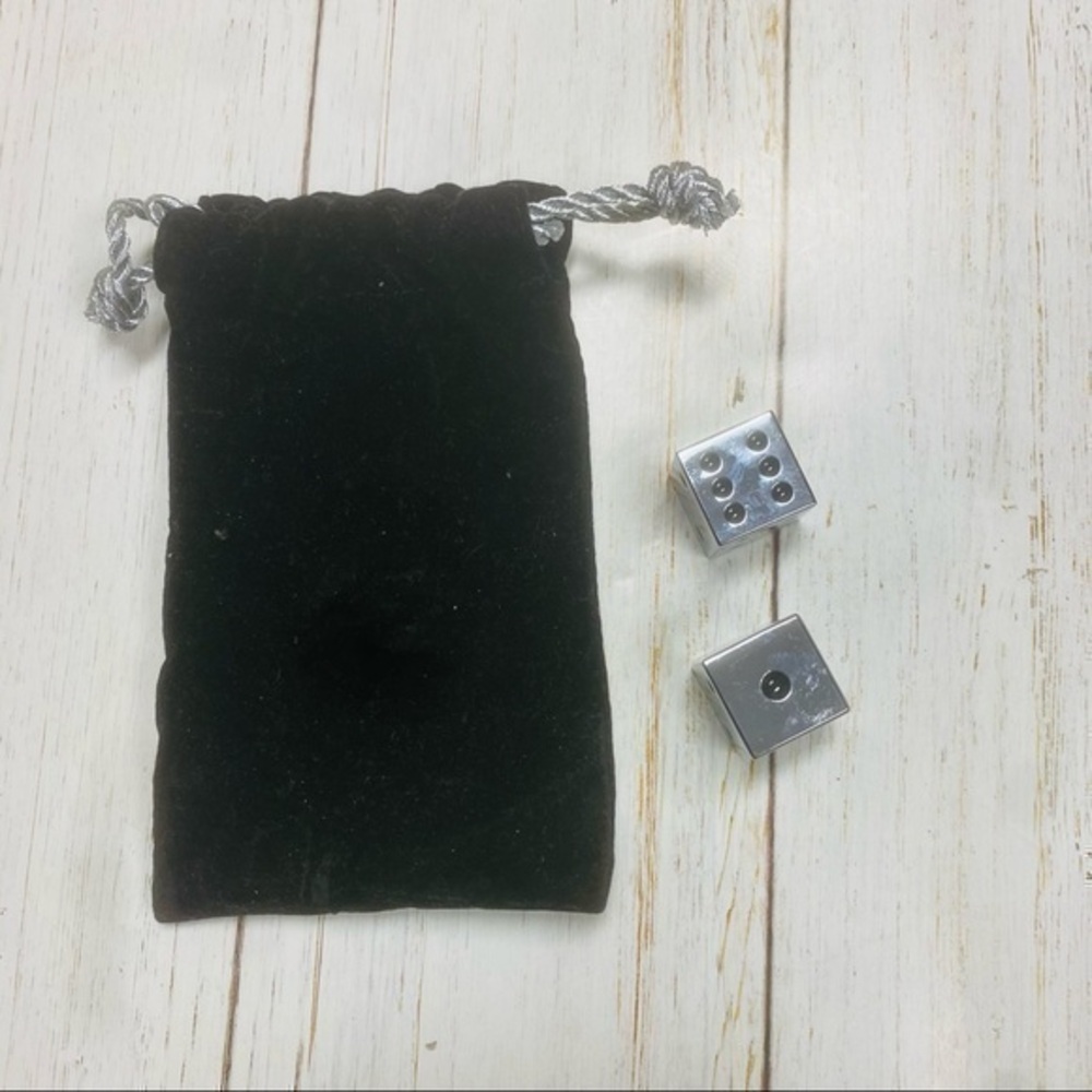 Polished Stainless Steel Dice Set with Black Velvet Holding Bag.